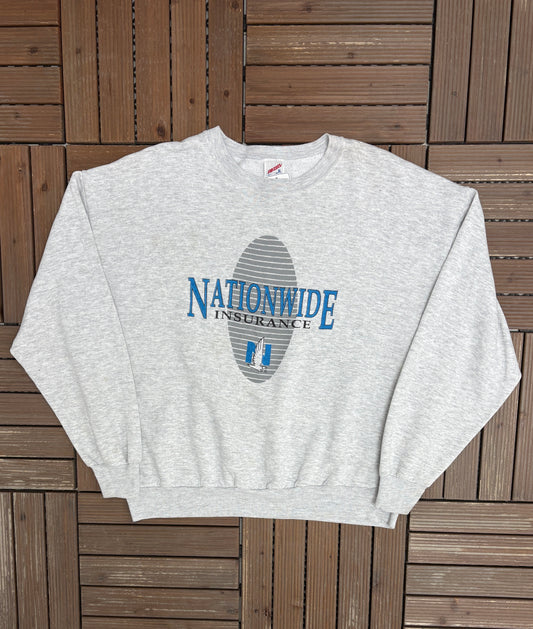 Nationwide Insurance Graphic Crewneck | Size X-Large | Vintage 1990s Company Promotional Grey Sweater |