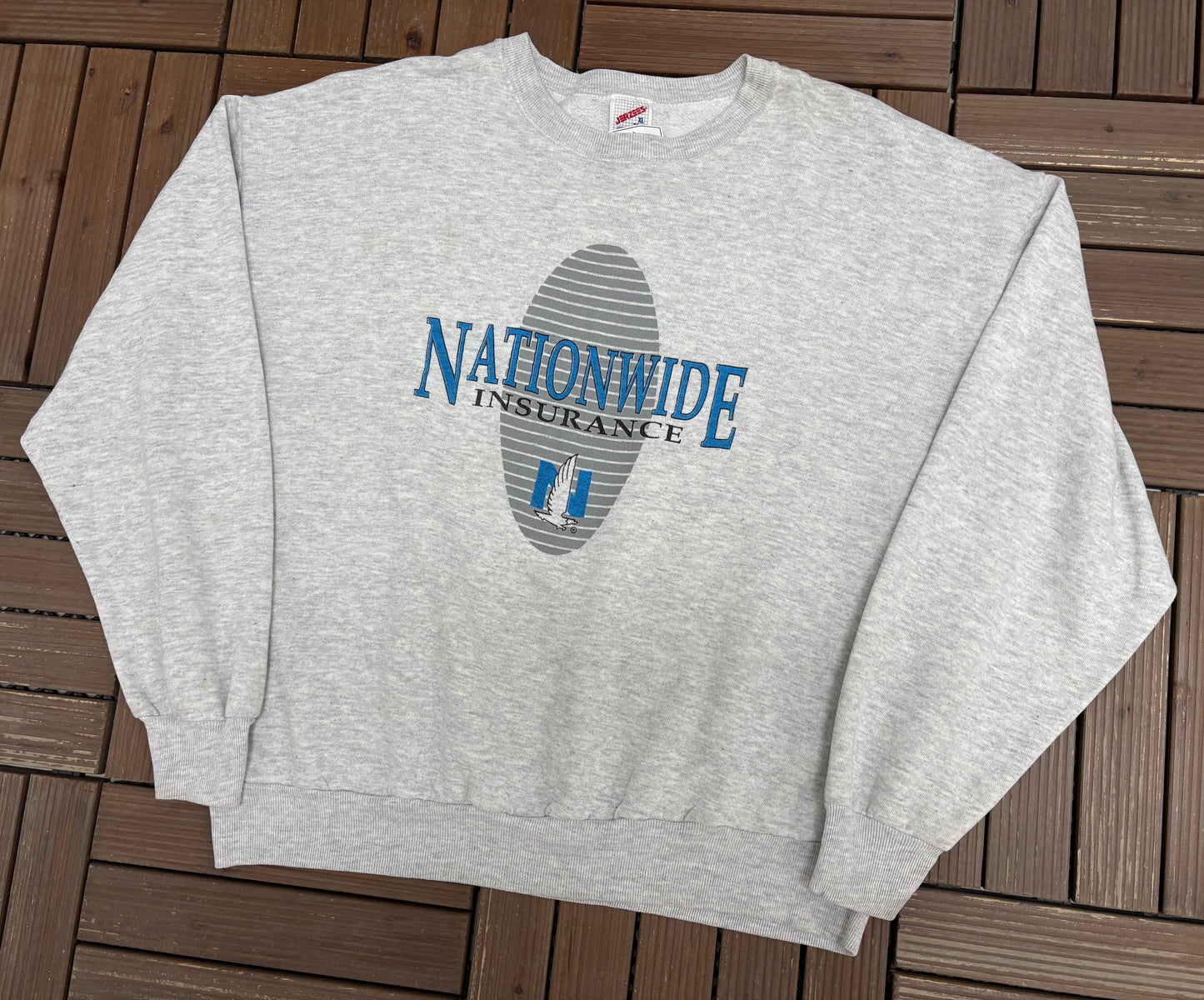 Nationwide Insurance Graphic Crewneck | Size X-Large | Vintage 1990s Company Promotional Grey Sweater |