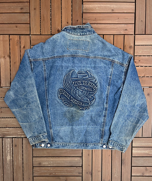 Harley Davidson Live To Ride Graphic Denim Jacket | Size X-Large | Vintage 1990s Blue Jean Trucker Jacket |