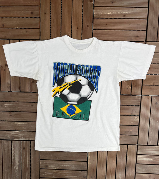 World Soccer Brazil Graphic Tee | Size Medium | Vintage 1990s Soccer Football White T-Shirt |