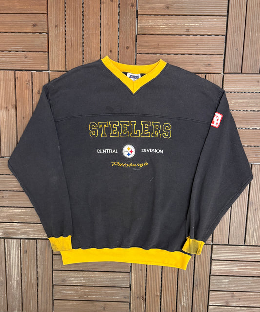 Pittsburgh Steelers Embroidered Graphic Crewneck | Size Large | Vintage 1990s Football Black Sweater |