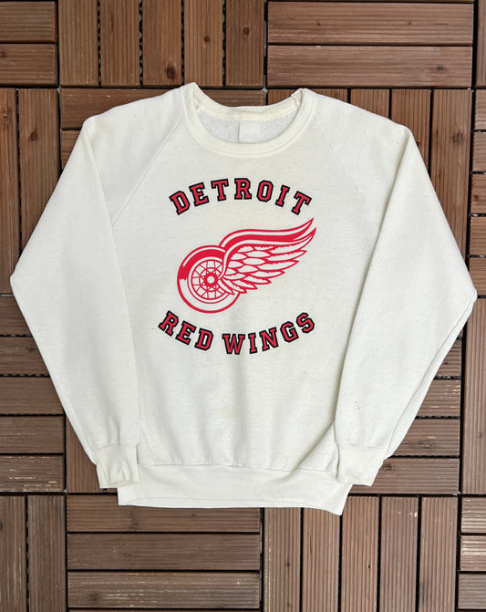 Detroit Red Wings Graphic Crewneck | Size Small | Vintage 1980s NHL Hockey White Sweater |