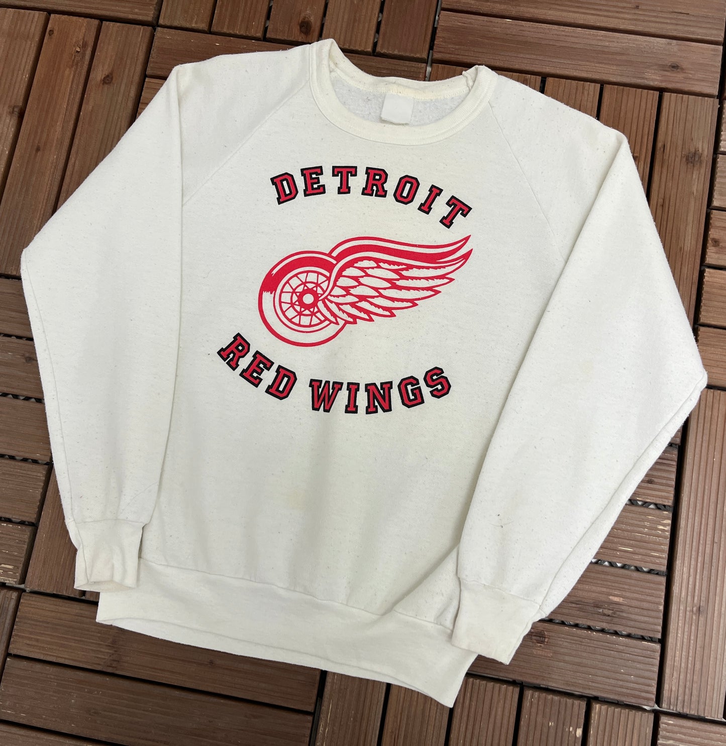 Detroit Red Wings Graphic Crewneck | Size Small | Vintage 1980s NHL Hockey White Sweater |