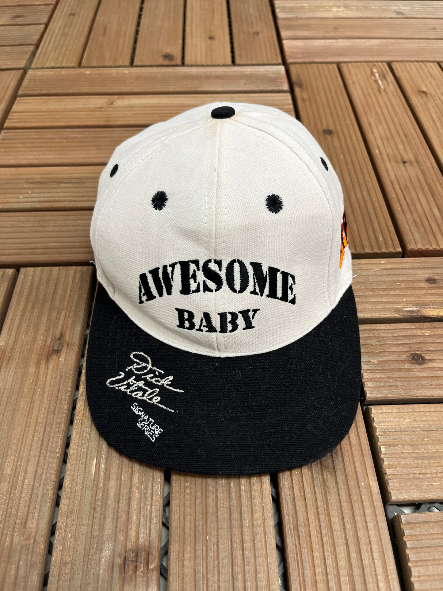 Dick Vitale's Awesome Baby Graphic Hat | Strap Back | Vintage 2000s Video Game White Cap |