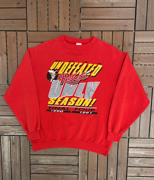 UNLV Runnin' Rebels Undefeated Season Graphic Crewneck | Size Large | Vintage 1990s College Sports Red Sweater |