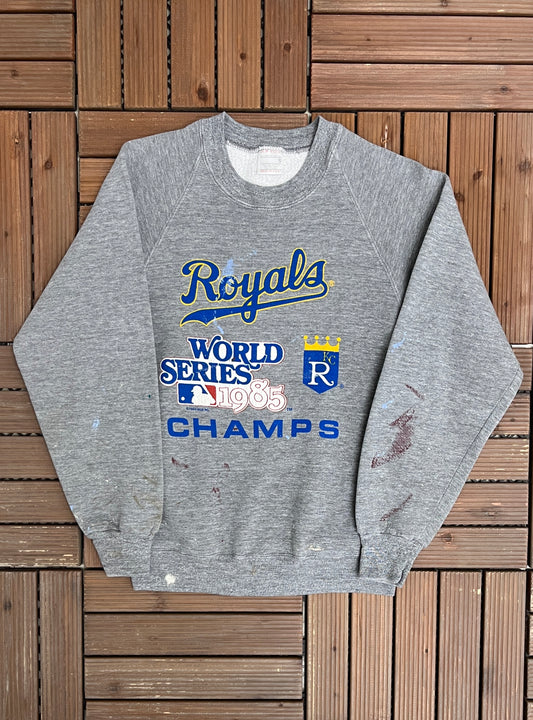 Kansas City Royals World Series 1985 Champs Graphic Crewneck | Size Small | Vintage 1980s MLB Baseball Grey Sweater |