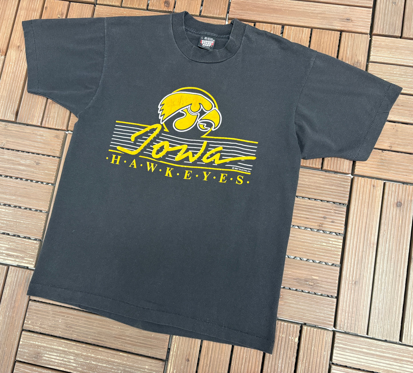 Iowa Hawkeyes Graphic Tee | Size Large | Vintage 1980s College Black T-Shirt |