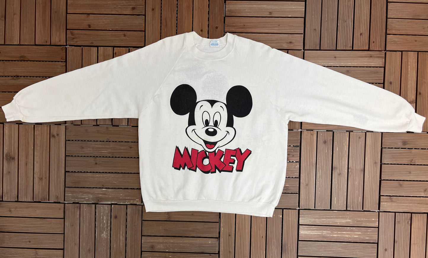 Mickey Mouse Graphic Crewneck | One Size Fits All | Vintage 1980s Promotional Cartoon White Sweater |