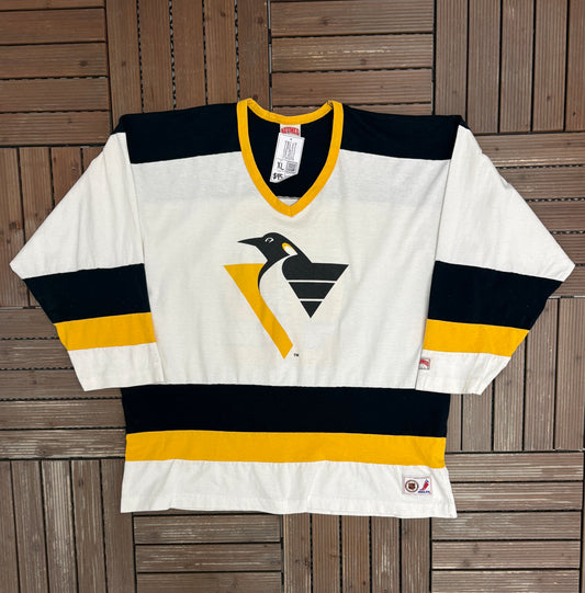 Pittsburgh Penguins Rick Tocchet Jersey Tee | Size X-Large | Vintage 1990s NHL Hockey 3/4 Sleeve T-Shirt |