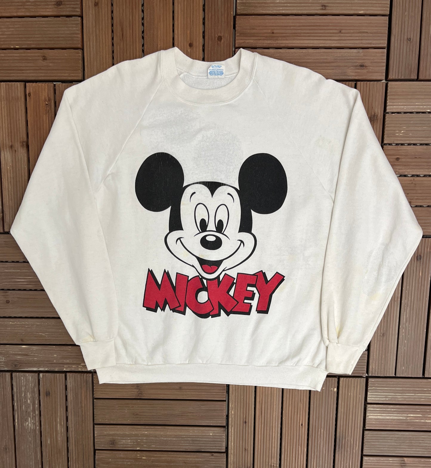 Mickey Mouse Graphic Crewneck | One Size Fits All | Vintage 1980s Promotional Cartoon White Sweater |