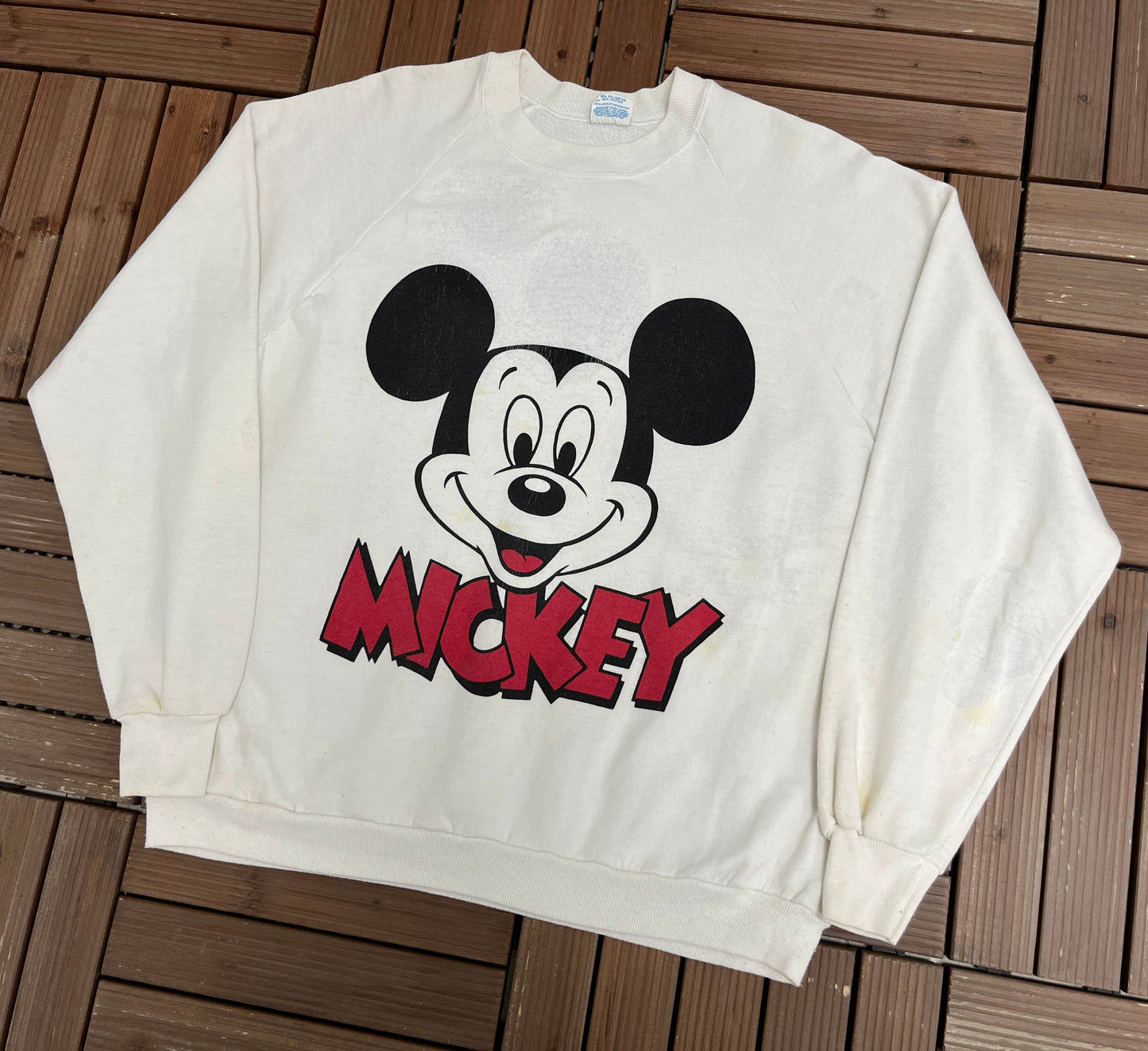 Mickey Mouse Graphic Crewneck | One Size Fits All | Vintage 1980s Promotional Cartoon White Sweater |