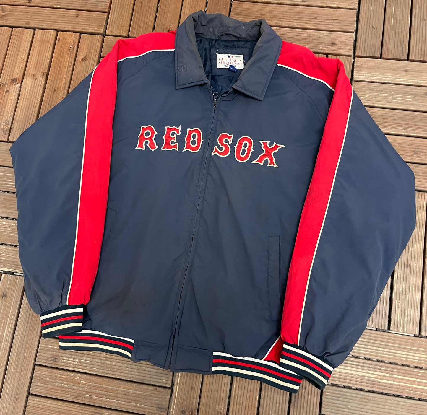 Boston Red Sox Stitched Graphic Jacket | Size X-Large | Vintage 1990s MLB Baseball Blue Puffer Jacket |