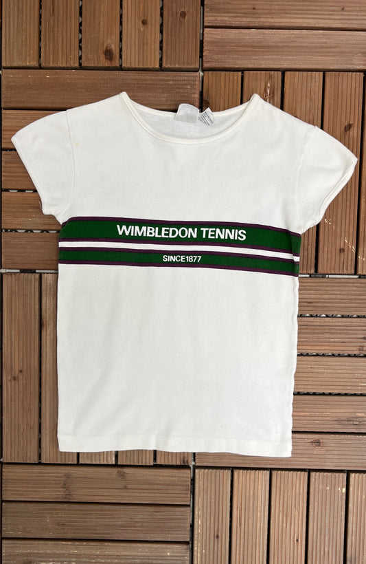 Wimbledon Tennis Since 1877 Graphic Tee | Size Women's Small | Vintage 1990s Tennis White T-Shirt |