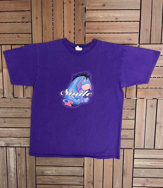 Eeyore Smile Graphic Tee | Size Large | Vintage 2000s Disney Cartoon Purple T-Shirt |