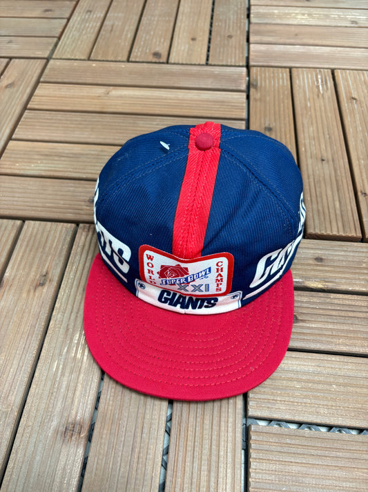New York Giants Super Bowl XXI World Champs Graphic Hat | Snap Back | Vintage 1980s NFL Football Blue Cap |