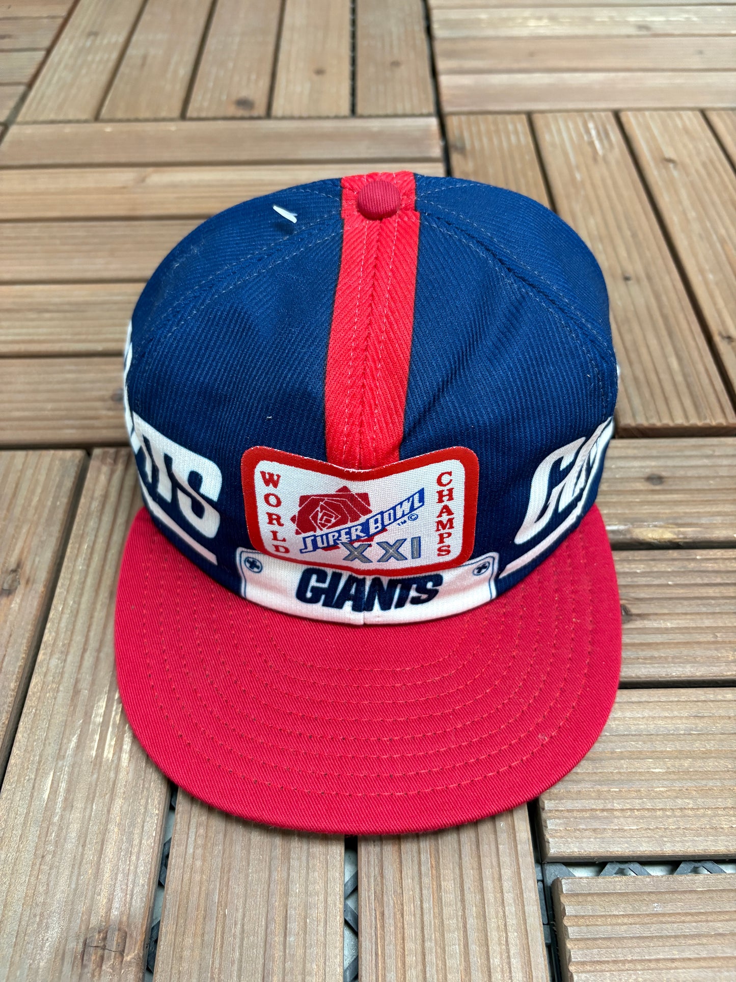 New York Giants Super Bowl XXI World Champs Graphic Hat | Snap Back | Vintage 1980s NFL Football Blue Cap |