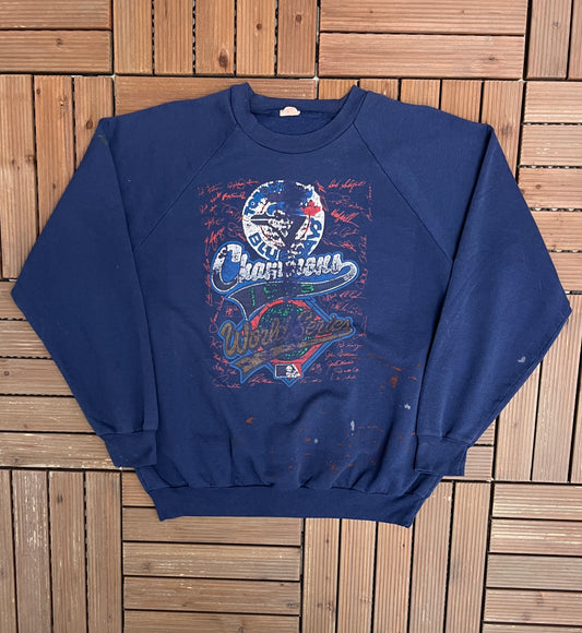 Toronto Blue Jays World Series Champions Graphic Crewneck | Size Large | Vintage 1990s MLB Baseball Blue Sweater |