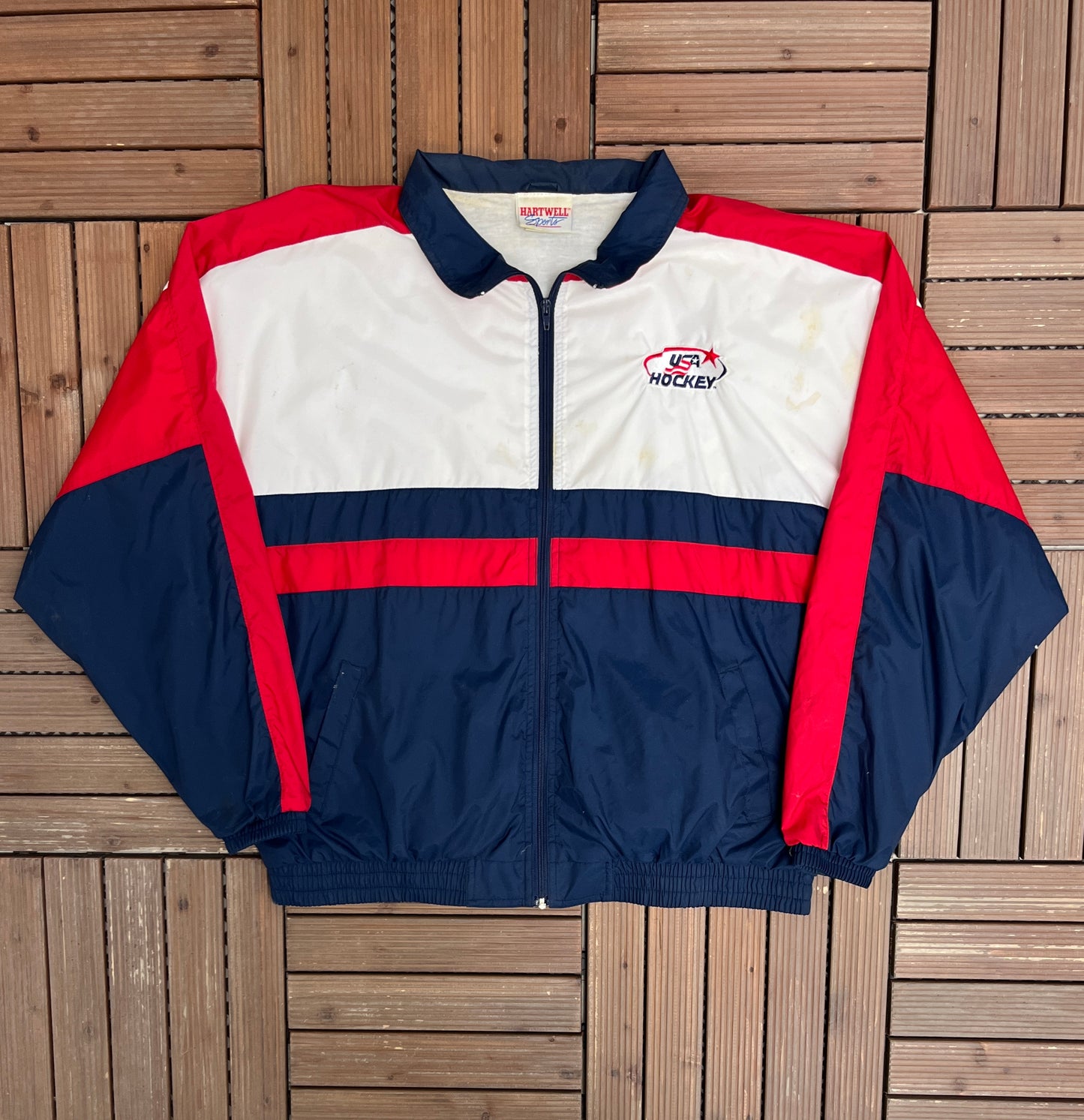 USA Hockey Embroidered Graphic Windbreaker | Size X-Large | Vintage 1990s Hockey White Windbreaker Jacket |