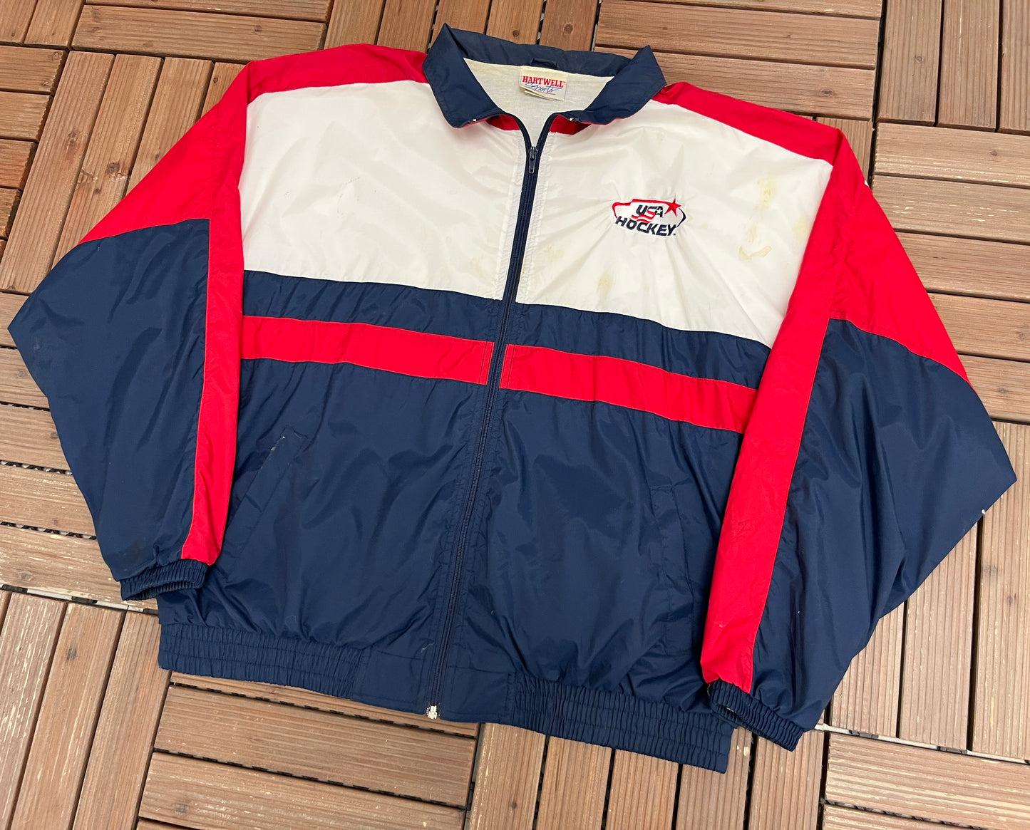 USA Hockey Embroidered Graphic Windbreaker | Size X-Large | Vintage 1990s Hockey White Windbreaker Jacket |