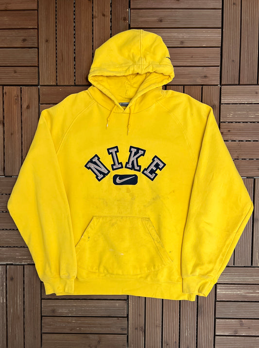 Nike Embroidered Spell Out Graphic Hoodie | Size Large | Vintage 2000s Nike Branded Yellow Sweater |