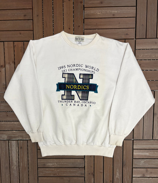 1995 Nordic World Ski Championships Graphic Crewneck | Size X-Large | Vintage 1990s Promotional White Sweater |