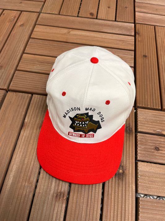 Madison Mad Dogs Embroidered Hat | Snap Back | Vintage 1990s Indoor Football League IFL White Cap |