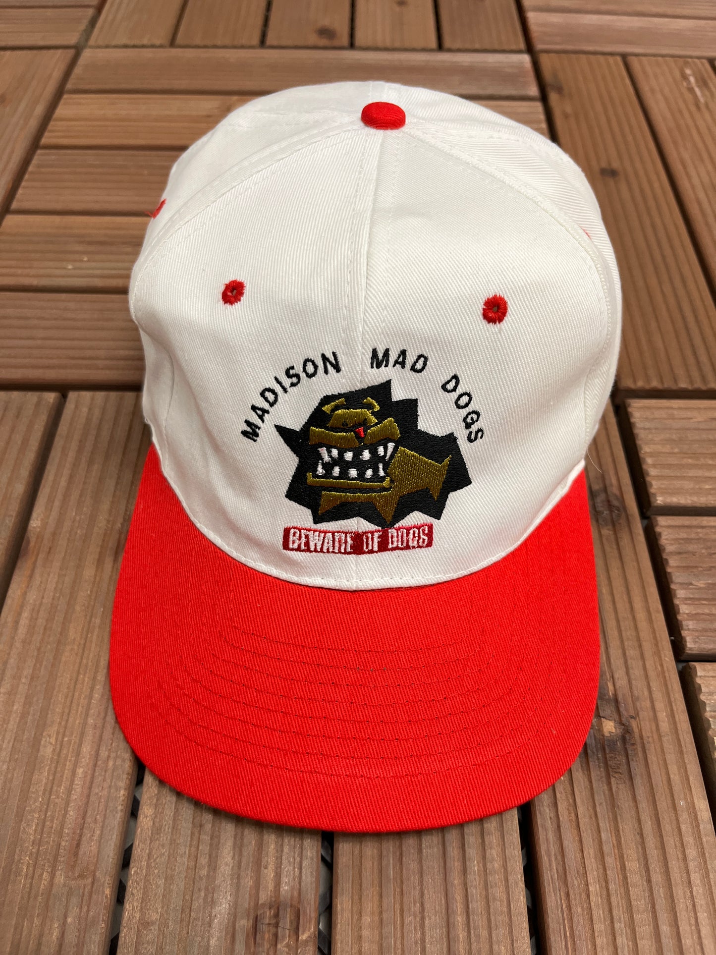 Madison Mad Dogs Embroidered Hat | Snap Back | Vintage 1990s Indoor Football League IFL White Cap |