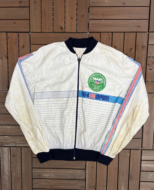 1984 US Open Tennis Graphic Windbreaker | Size X-Large | Vintage 1980s Tennis White Windbreaker |