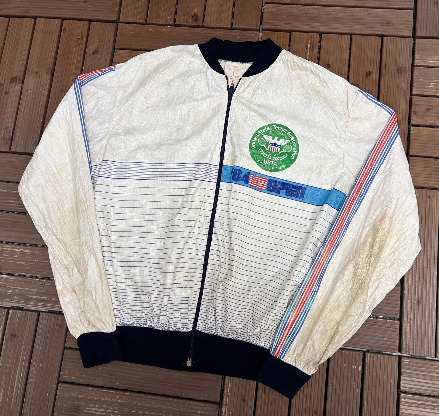 1984 US Open Tennis Graphic Windbreaker | Size X-Large | Vintage 1980s Tennis White Windbreaker |