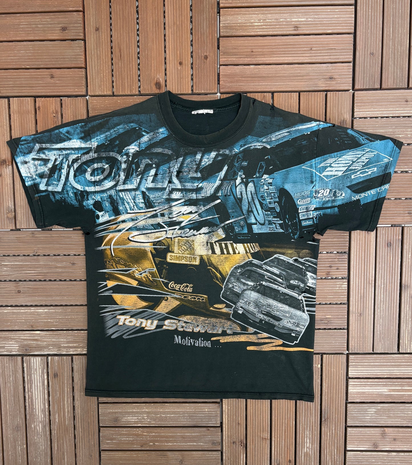 Tony Stewart Motivation... Graphic Tee | Size Large | Vintage 2000s All Over Print NASCAR Racing T-Shirt |