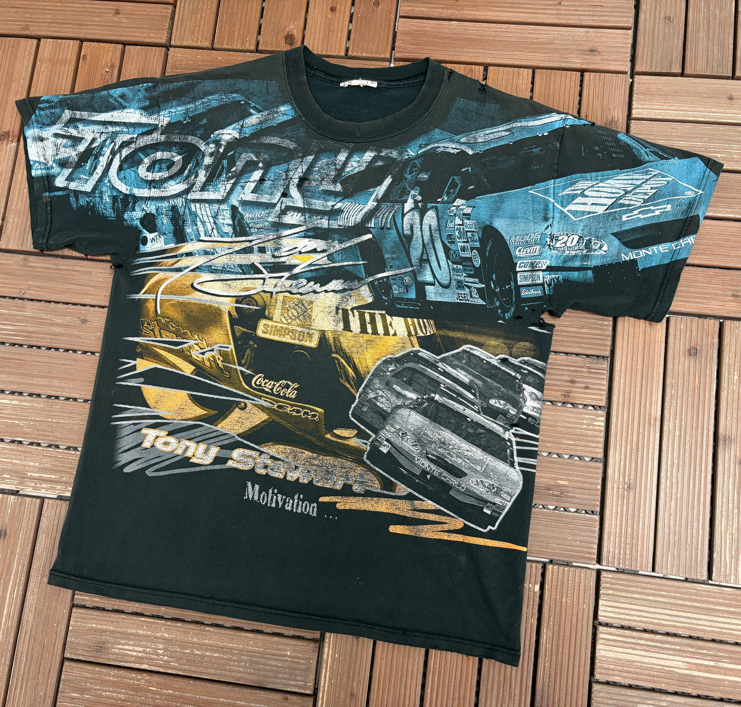 Tony Stewart Motivation... Graphic Tee | Size Large | Vintage 2000s All Over Print NASCAR Racing T-Shirt |