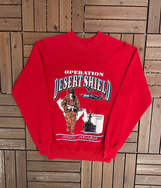 Operation Desert Shield Graphic Crewneck | Size Small | Vintage 1990s Military Red Sweater |