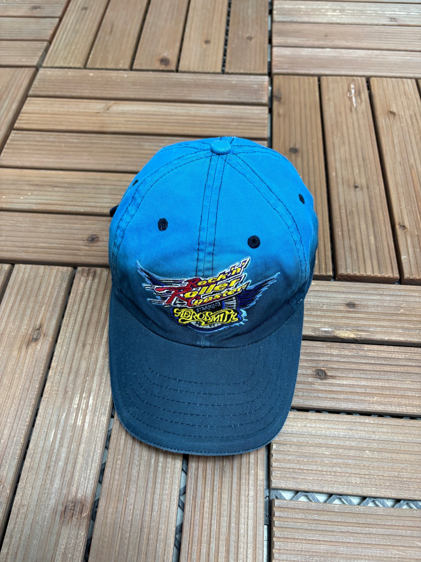 Rock 'n' Roller Coaster Aerosmith Graphic Hat | Metal Clasp | Vintage 1990s Disney Blue Cap |