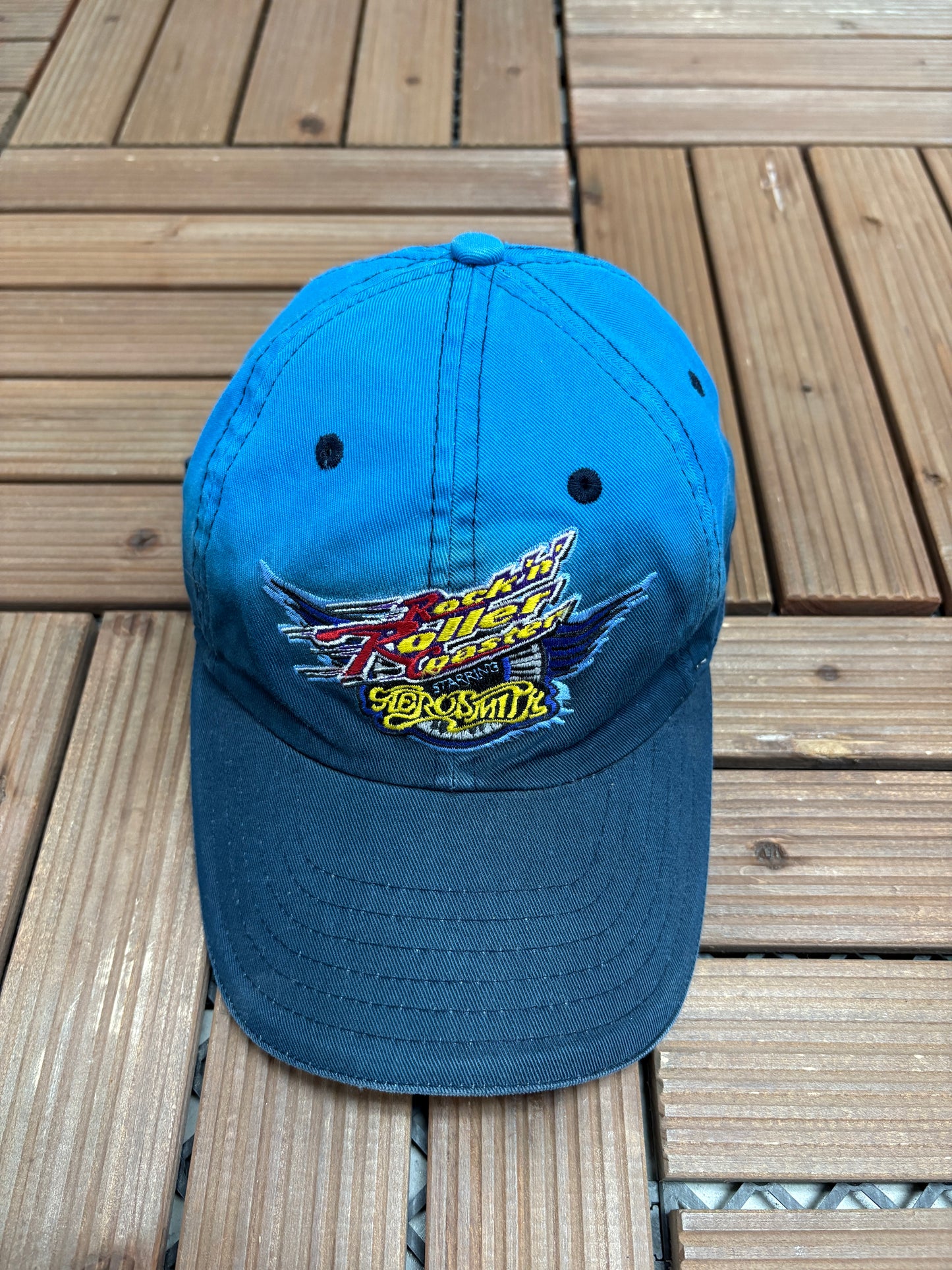 Rock 'n' Roller Coaster Aerosmith Graphic Hat | Metal Clasp | Vintage 1990s Disney Blue Cap |