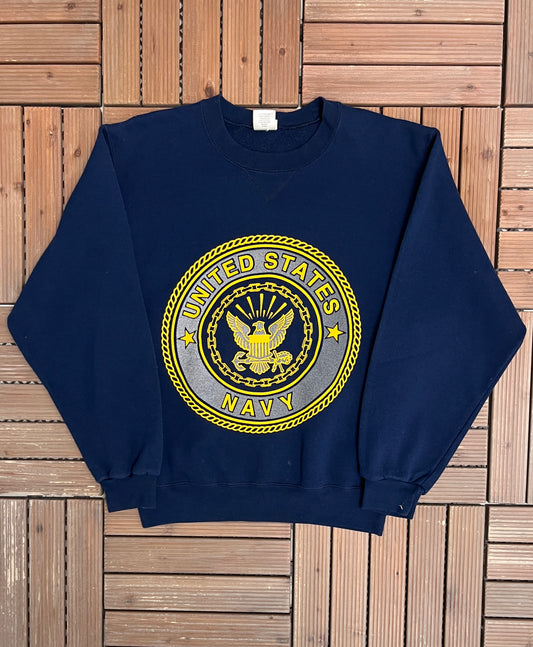 United States of America Navy Graphic Crewneck | Size Small | Vintage 1990s Made in USA Blue Sweater |