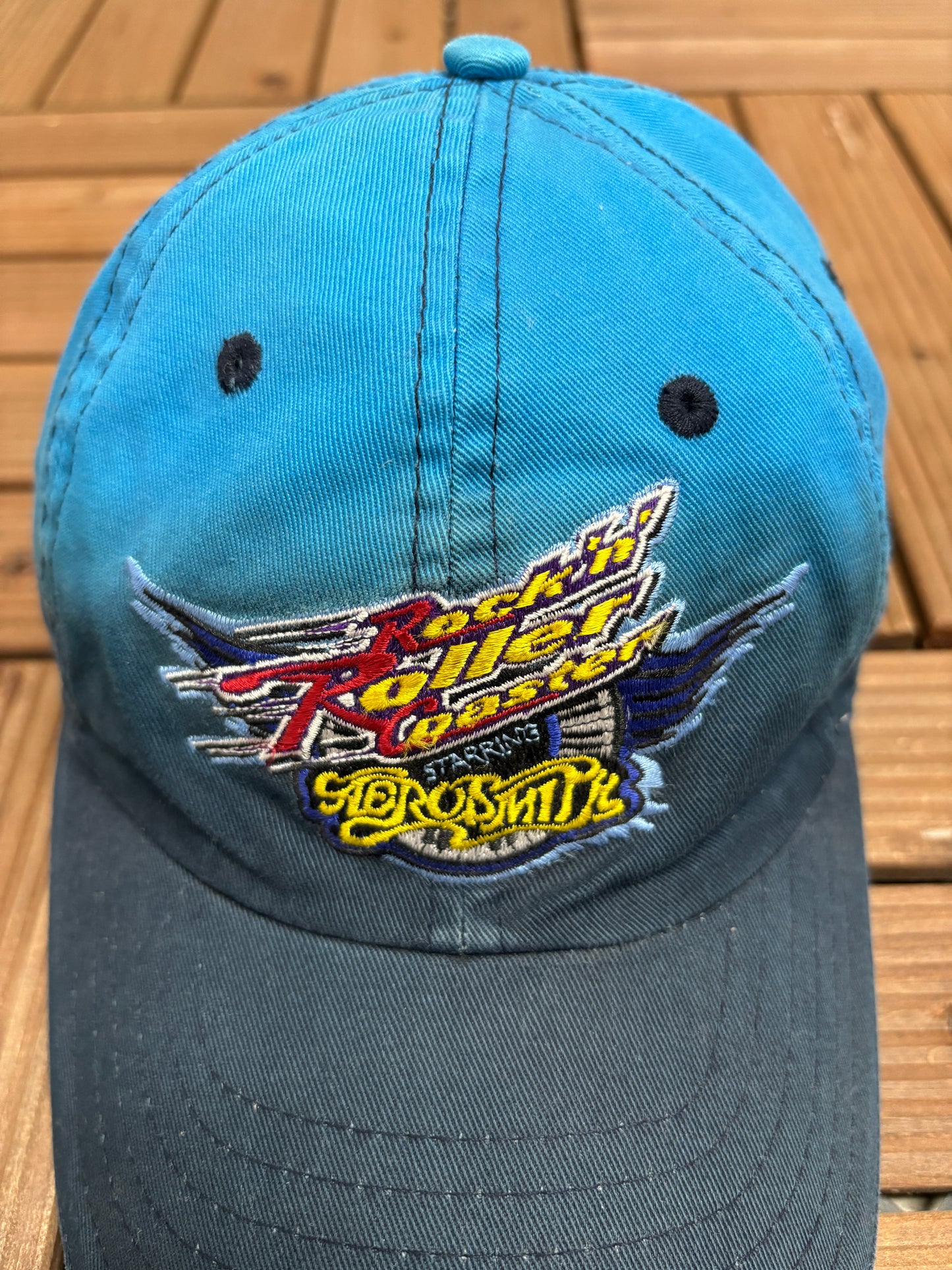 Rock 'n' Roller Coaster Aerosmith Graphic Hat | Metal Clasp | Vintage 1990s Disney Blue Cap |