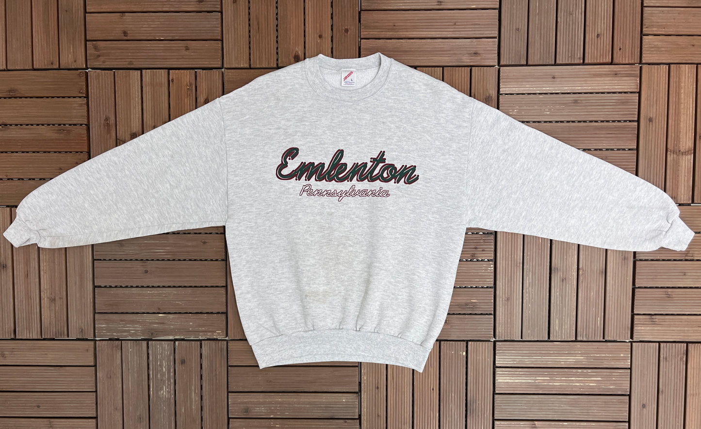 Emlenton, Pennsylvania Graphic Crewneck | Size Large | Vintage 1990s Tourist Promotional Grey Sweater |