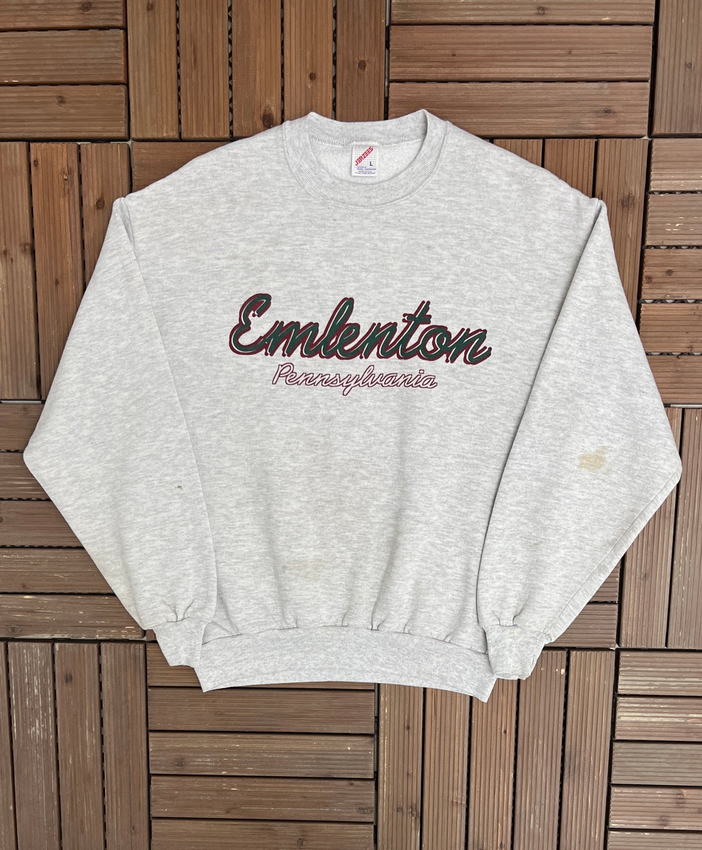 Emlenton, Pennsylvania Graphic Crewneck | Size Large | Vintage 1990s Tourist Promotional Grey Sweater |