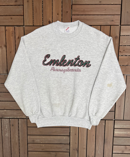 Emlenton, Pennsylvania Graphic Crewneck | Size Large | Vintage 1990s Tourist Promotional Grey Sweater |