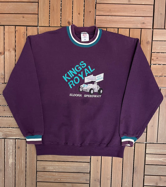 Kings Royal Eldora Speedway Graphic Crewneck | Size Large | Vintage 1990s Spring Car Racing Purple Sweater |