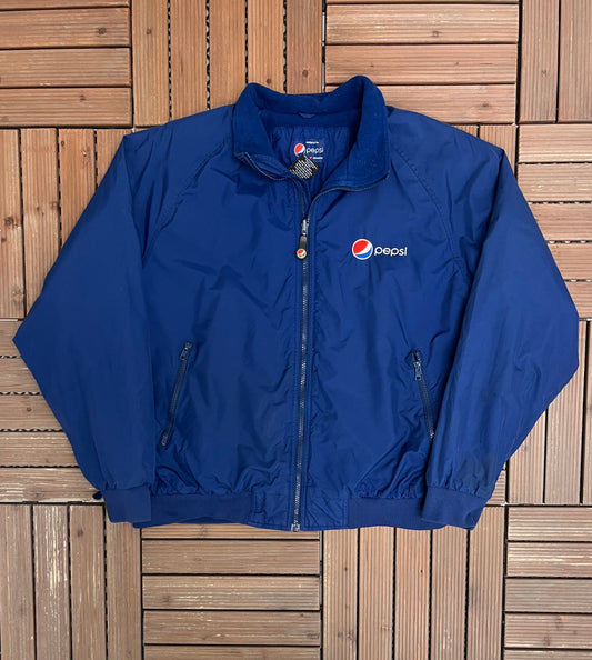 Pepsi Embroidered Graphic Jacket | Size X-Large | Vintage 1990s Promotional Blue Coat |