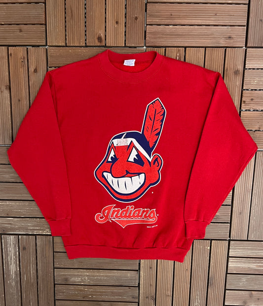 Cleveland Indians Graphic Crewneck | Size Large | Vintage 1990s MLB Baseball Red Sweater |