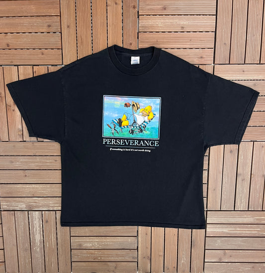 The Simpsons Home Perseverance Graphic Tee | Size XX-Large | Vintage 2000s Cartoon Promotional Black T-Shirt |