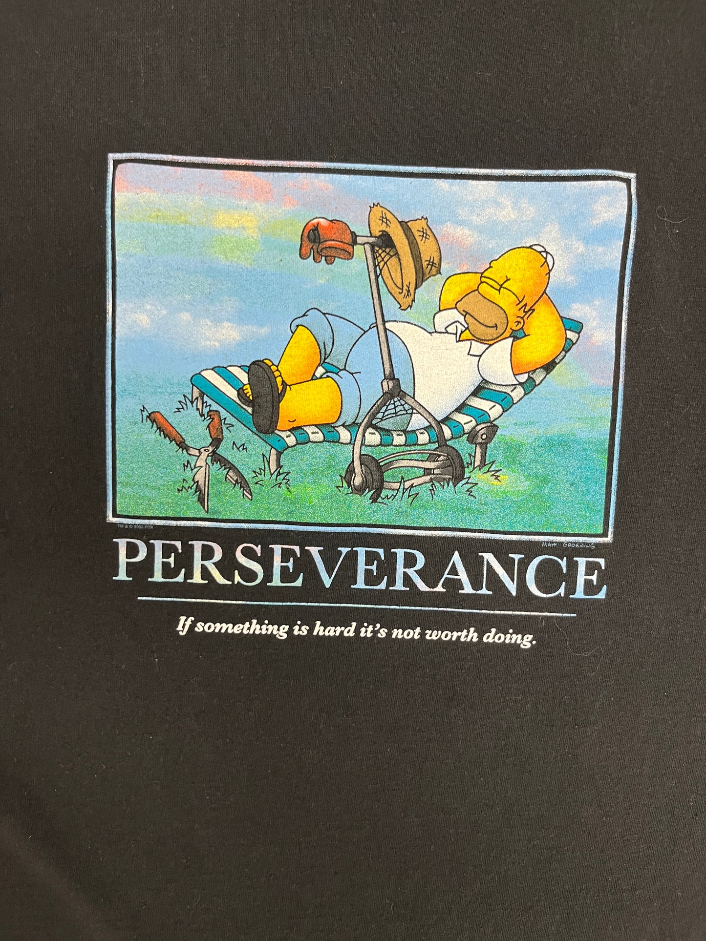 The Simpsons Home Perseverance Graphic Tee | Size XX-Large | Vintage 2000s Cartoon Promotional Black T-Shirt |