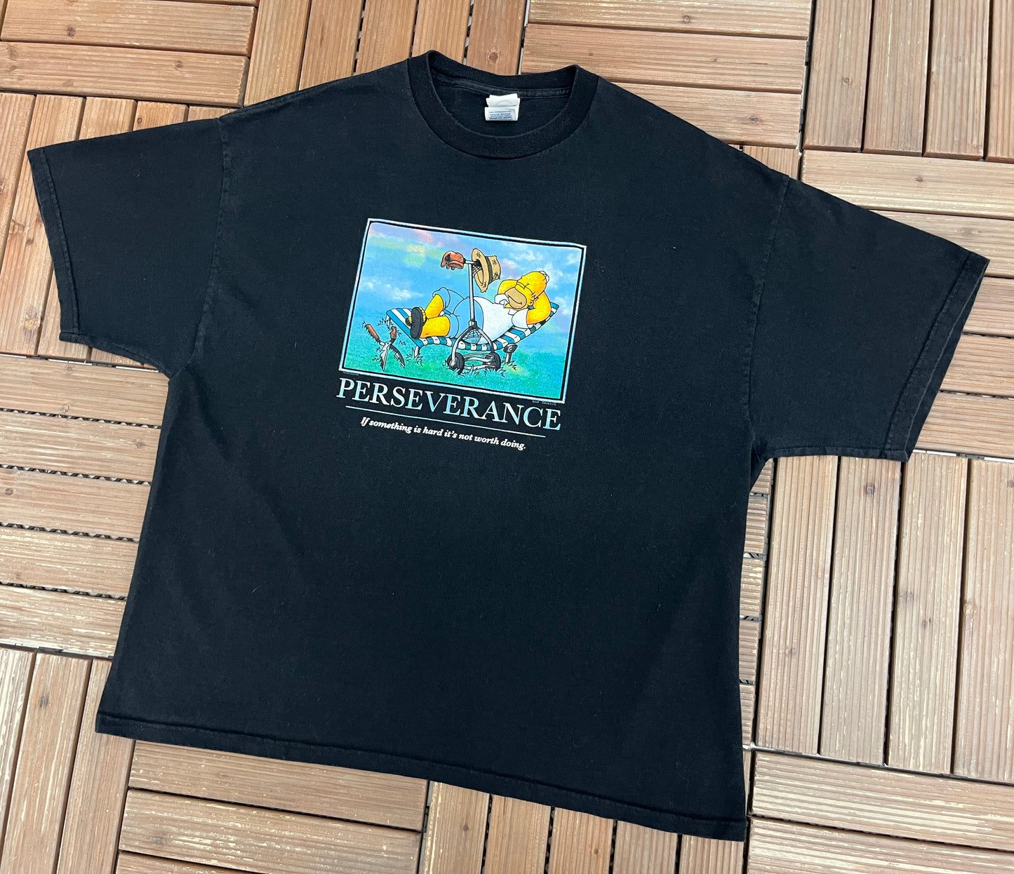 The Simpsons Home Perseverance Graphic Tee | Size XX-Large | Vintage 2000s Cartoon Promotional Black T-Shirt |