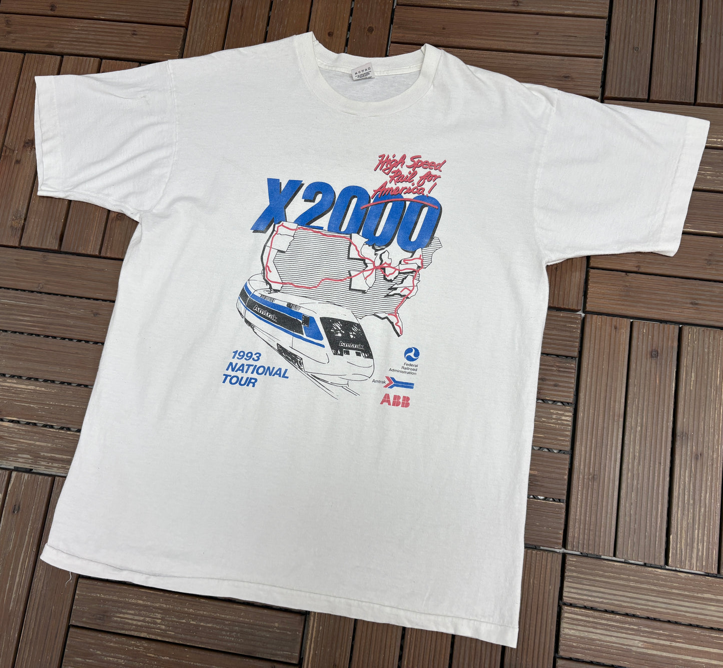 X2000 Amtrak 1993 National Tour Graphic Tee | Size X-Large | Vintage 1990s Promotional White T-Shirt |