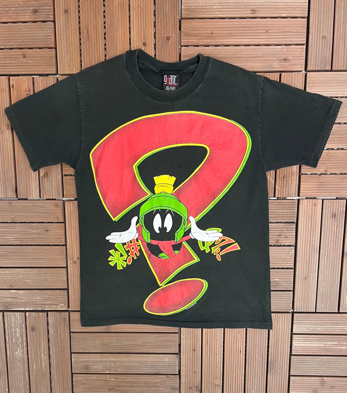 Marvin The Martian Big Question Mark Graphic Tee | Size Large | Vintage 1990s Cartoon Looney Tunes Black T-Shirt |