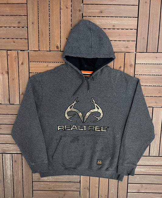 Realtree Stitched Graphic Hoodie | Size X-Large | Vintage 2000s Branded Grey Sweater |