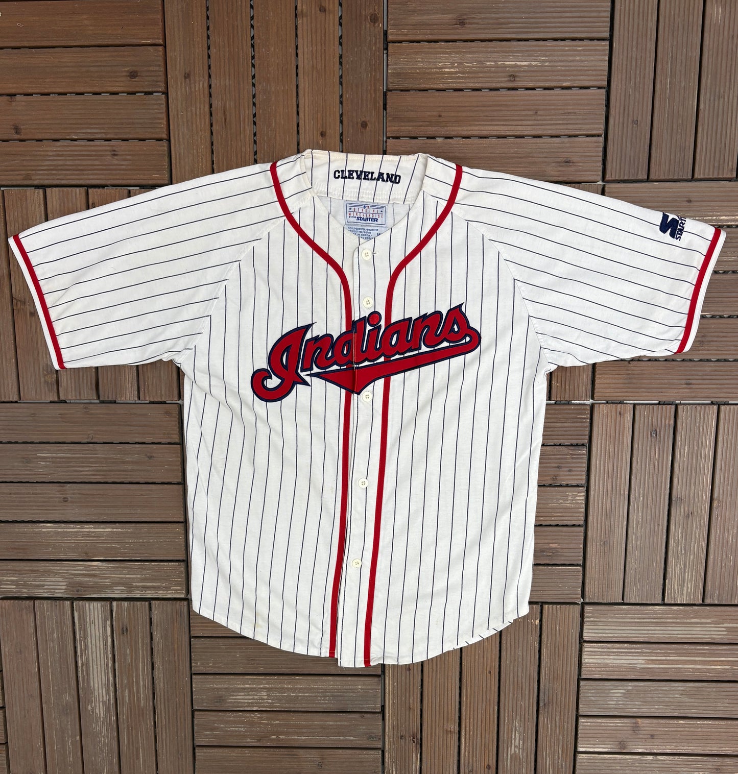Cleveland Indians Pinstripe Baseball Jersey | Size Medium | Vintage 1990s Starter White Baseball Jersey |