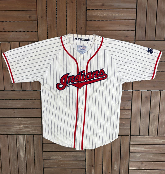 Cleveland Indians Pinstripe Baseball Jersey | Size Medium | Vintage 1990s Starter White Baseball Jersey |